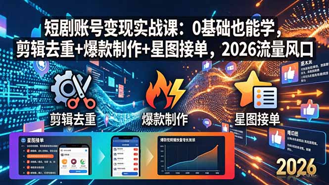 短剧账号变现实战课：0基础也能学，剪辑去重+爆款制作+星图接单，2026流量风口-朽念云创