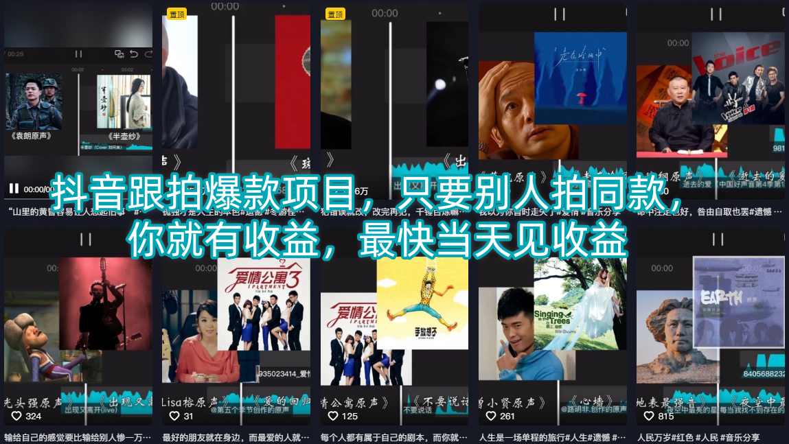 抖音跟拍爆款项目，只要别人拍同款，你就有收益，最快当天见收益-朽念云创