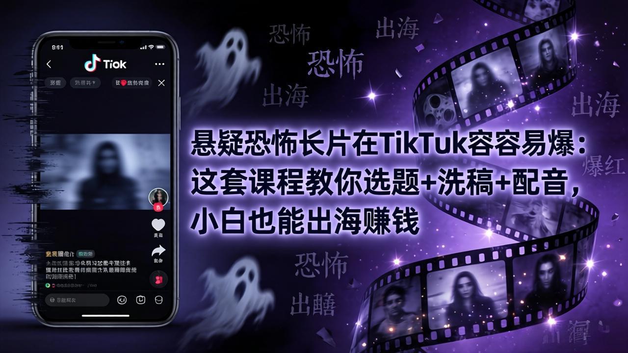 悬疑恐怖长片在TikTok最容易爆：这套课程教你选题+洗稿+配音，小白也能出海赚钱-朽念云创