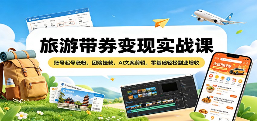 旅游带券变现实战课：账号起号涨粉，团购挂载，AI文案剪辑，零基础轻松副业增收-朽念云创