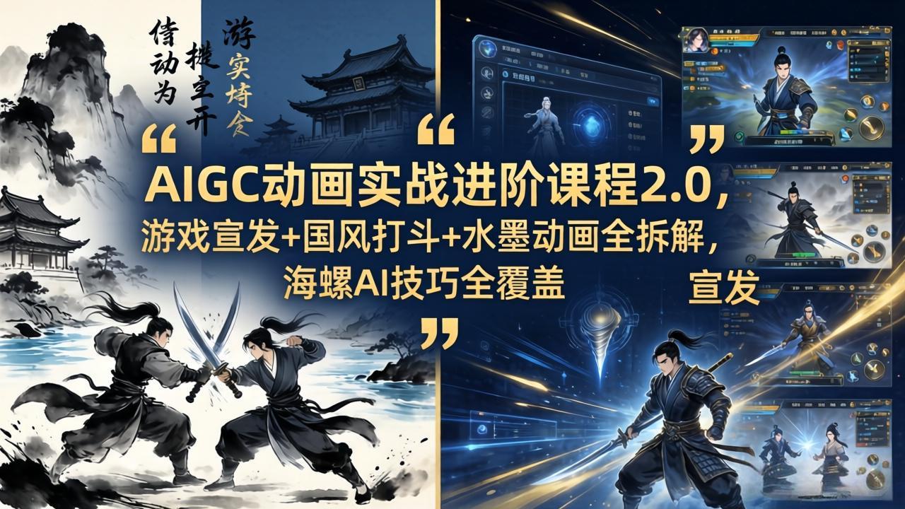 AIGC动画实战进阶课程2.0，游戏宣发+国风打斗+水墨动画全拆解，海螺AI技巧全覆盖-朽念云创