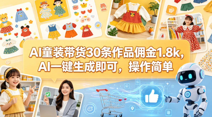 AI童装带货30条作品佣金1.8k，AI一键生成即可，操作简单-朽念云创