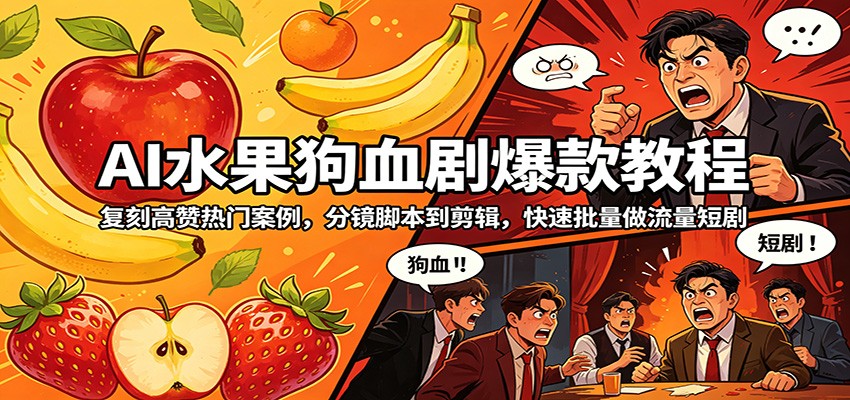 AI水果狗血剧爆款教程：复刻高赞热门案例，分镜脚本到剪辑，快速批量做流量短剧-朽念云创