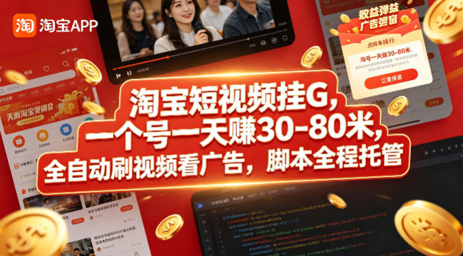 淘宝短视频挂G，一个号一天 賺30-80米，全自动刷视频看广告，脚本全程托管【揭秘】-朽念云创