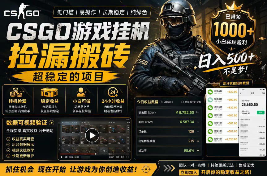 CSGO游戏搬砖，全自动挂G，不需要玩游戏，手机操作日入300+，解放双手【揭秘】-朽念云创