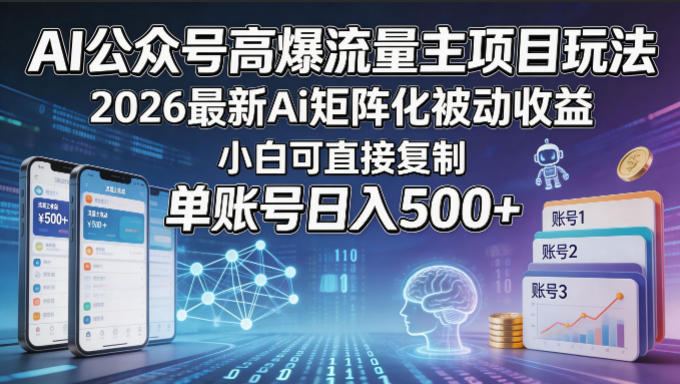 AI公众号高爆流量主项目玩法，2026最新Ai矩阵化被动收益，小白可直接复制，单账号日入500+-朽念云创