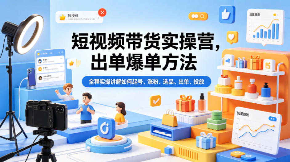短视频带货实操营，出单爆单方法，全程实操讲解如何起号、涨粉、选品、出单、投放-朽念云创