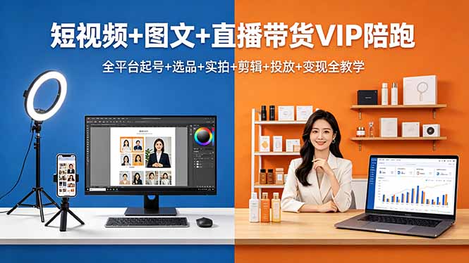 短视频+图文+直播带货VIP陪跑，全平台起号+选品+实拍+剪辑+投放+变现全教学-朽念云创