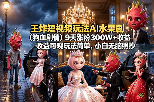 王炸短视频玩法AI水果剧(狗血剧情)9天涨粉300W+收益可观玩法简单，小白无脑照抄，详细拆解玩法-朽念云创