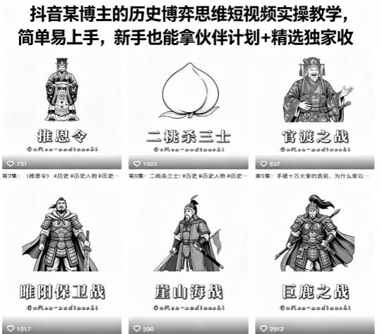 抖音某博主的历史博弈思维短视频实操教学，简单易上手，新手也能拿伙伴计划+精选独家收益-朽念云创