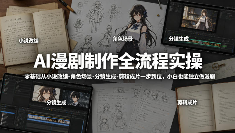 AI漫剧制作全流程实操，零基础从小说改编-角色场景-分镜生成-剪辑成片一步到位，小白也能独立做漫剧-朽念云创