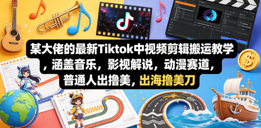 某大佬的最新Tiktok中视频剪辑搬运教学，涵盖音乐，影视解说，动漫赛道，普通人出海撸美刀-朽念云创