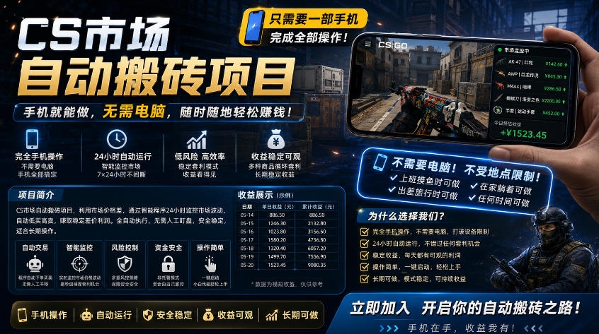 手机即可操作的CS市场自动搬砖系统｜自动监控｜自动下单|日入300+【揭秘】-朽念云创