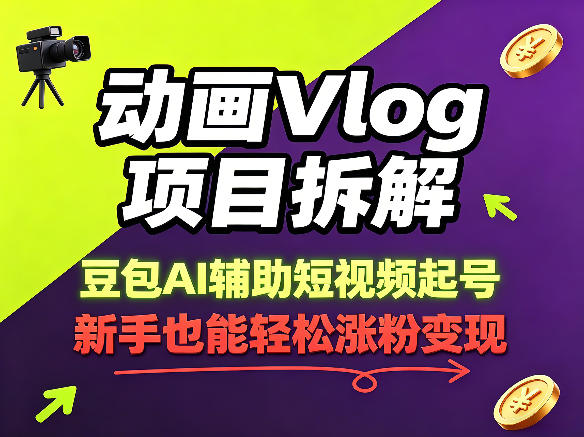 动画Vlog项目拆解，豆包AI辅助短视频起号，新手也能轻松涨粉，43条作品涨粉8.3W-朽念云创