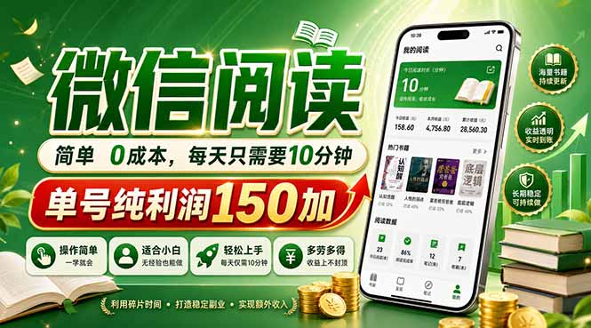 最新微信阅读，每日10分钟，单号利润150+，可批量放大操作，简单0成本-朽念云创