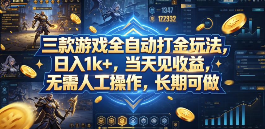 三款游戏全自动打金玩法，日入1k+，当天见收益，无需人工操作，长期可做【揭秘】-朽念云创