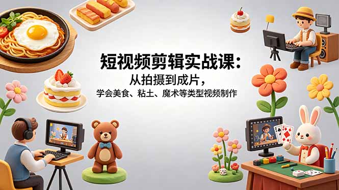 短视频剪辑实战课：从拍摄到成片，学会美食、粘土、魔术等类型视频制作-朽念云创