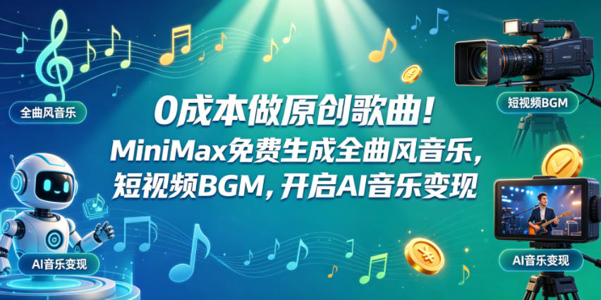 0成本做原创歌曲！MiniMax免费生成全曲风音乐，短视频BGM，开启AI音乐变现-朽念云创