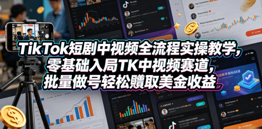TikTok短剧中视频全流程实操教学，零基础入局TK中视频赛道，批量做号轻松賺取美金收益-朽念云创