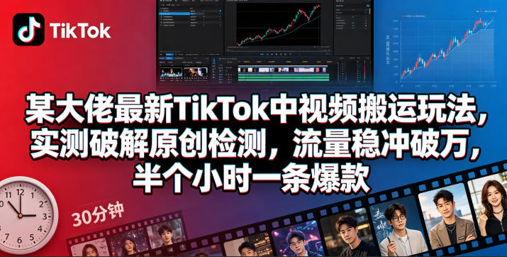 某大佬最新TikTok中视频搬运玩法，实测破解原创检测，流量稳冲破万，半个小时一条爆款-朽念云创