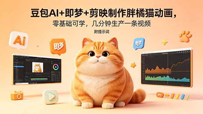 豆包AI+即梦+剪映制作胖橘猫动画，零基础可学，几分钟生产一条视频，附提示词-朽念云创