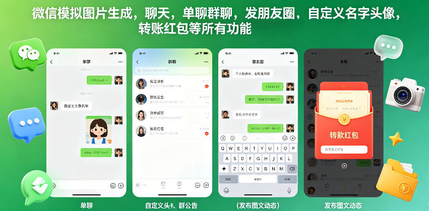 微信模拟图片生成，聊天，单聊群聊，发朋友圈，自定义名字头像，转账红包等所有功能都可以生成-朽念云创