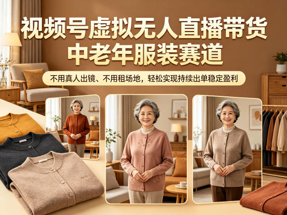 视频号虚拟无人直播带货中老年服装赛道，不用真人出镜、不用租场地，轻松实现持续出单稳定盈利-朽念云创