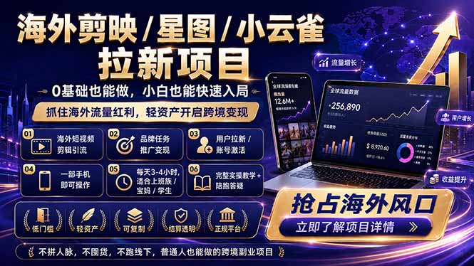 海外剪映 / 星图 / 小云雀拉新项目 普通人也能上手的跨境流量变现副业-朽念云创