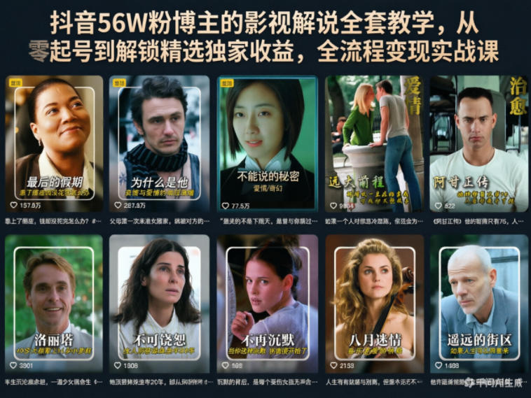 抖音56W粉博主的影视解说全套教学，从零起号到解锁精选独家收益，全流程变现实战课-朽念云创