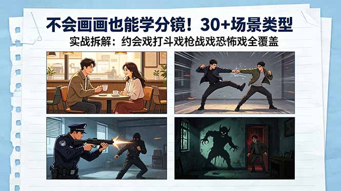 不会画画也能学分镜!30+场景类型实战拆解:约会戏打斗戏枪战戏恐怖戏全覆盖-朽念云创