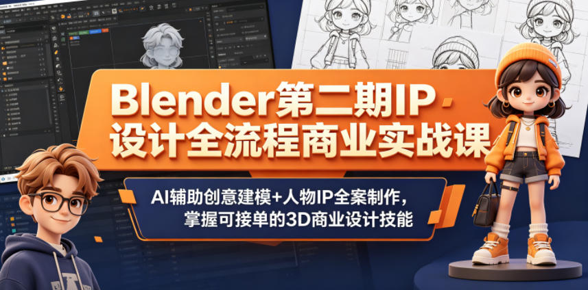 Blender第二期IP设计全流程商业实战课，AI辅助创意建模+人物IP全案制作，掌握可接单的3D商业设计技能-朽念云创