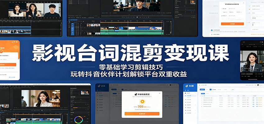 影视台词混剪变现课：零基础学习剪辑技巧，玩转抖音伙伴计划解锁平台双重收益-朽念云创