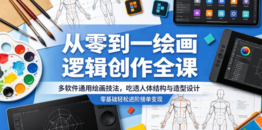 从零到一绘画逻辑创作全课，多软件通用绘画技法，吃透人体结构与造型设计，零基础轻松进阶接单变现-朽念云创