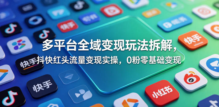 多平台全域变现玩法拆解，抖快红头流量变现实操，0粉零基础变现-朽念云创
