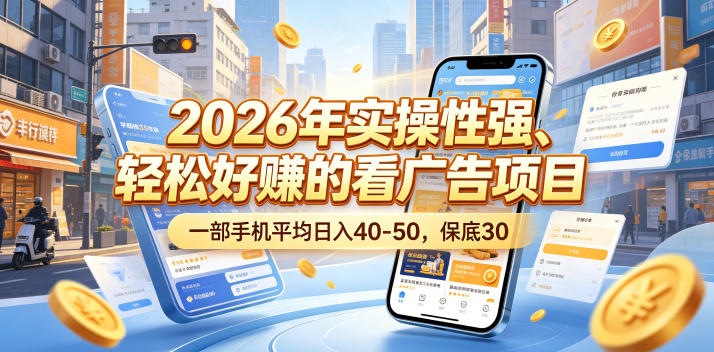 2026年实操性强、轻松好賺的看广告项目，一部手机平均日入40-50，保底30米【揭秘】-朽念云创