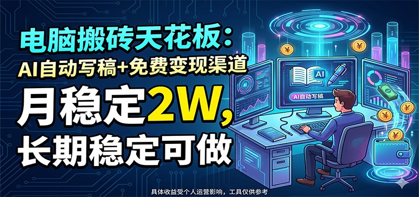 电脑搬砖天花板：AI自动写稿+免费变现渠道，月稳定2W，长期稳定可做-朽念云创