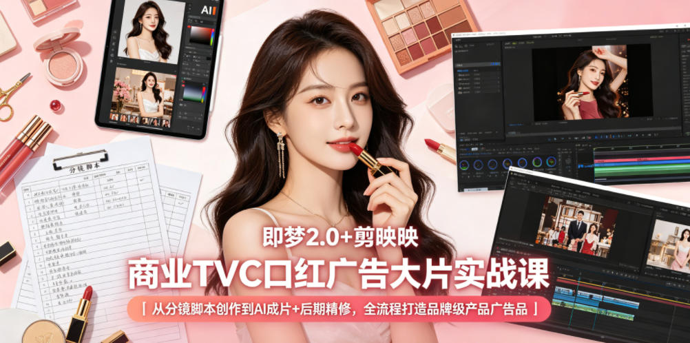 即梦2.0+剪映商业TVC口红广告大片实战课｜从分镜脚本创作到AI成片+后期精修，全流程打造品牌级产品广告-朽念云创