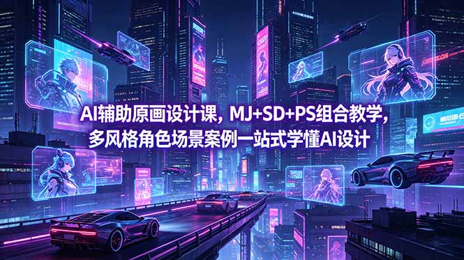 AI辅助原画设计课，MJ+SD+PS组合教学，多风格角色场景案例一站式学懂AI设计-朽念云创
