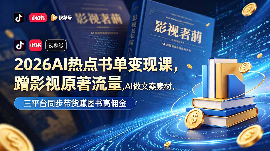 2026AI热点书单变现课，蹭影视原著流量，AI做文案素材，三平台同步带货赚图书高佣金-朽念云创