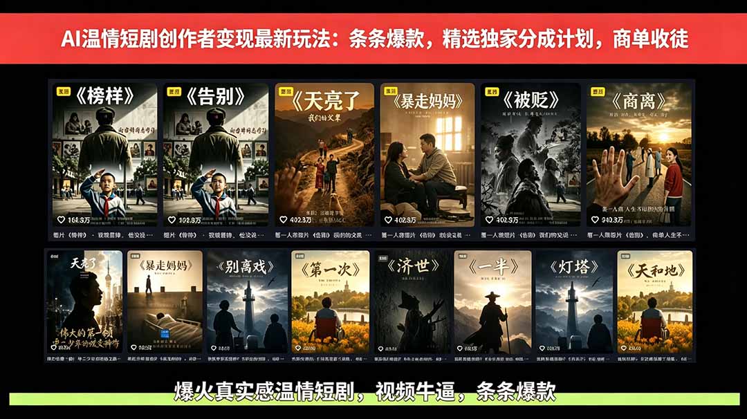 AI温情短剧创作者变现最新玩法：视频牛逼，条条爆款，精选独家分成计划，商单收徒-朽念云创