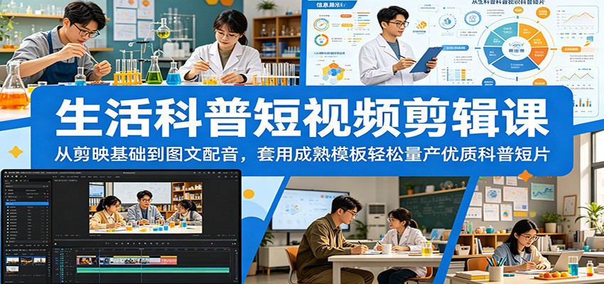 生活科普短视频剪辑课:从剪映基础到图文配音,套用成熟模板轻松量产优质科普短片-朽念云创