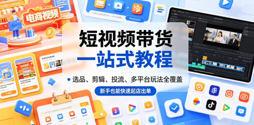 短视频带货一站式教程，选品、剪辑、投流、多平台玩法全覆盖，新手也能快速起店出单-朽念云创