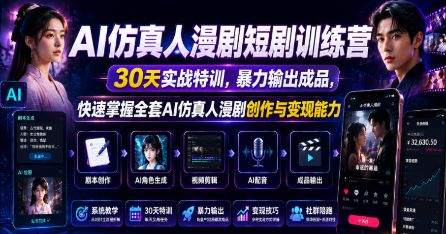 AI仿真人漫剧短剧训练营，30天实战特训，暴力输出成品，快速掌握全套AI仿真人漫剧创作与变现能力-朽念云创