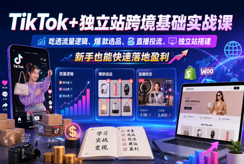 TikTok+独立站跨境基础实战课,吃透流量逻辑、爆款选品、直播投流与独立站搭建,新手也能快速落地盈利-朽念云创