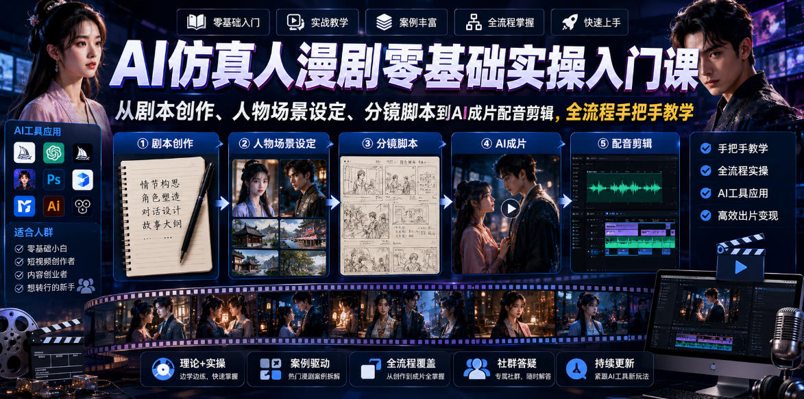 AI仿真人漫剧零基础实操入门课，从剧本创作、人物场景设定、分镜脚本到AI成片配音剪辑，全流程手把手教学-朽念云创