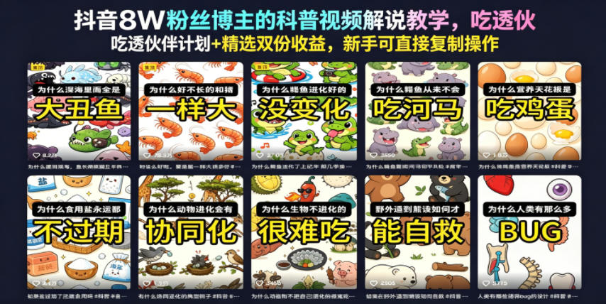 抖音8W粉丝博主的科普视频解说教学，吃透伙伴计划+精选双份收益，新手可直接复制操作-朽念云创