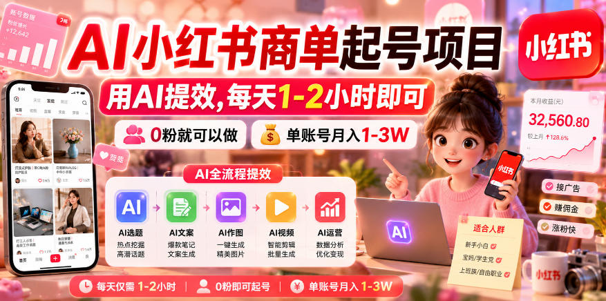 AI小红书商单起号项目，用AI提效,每天1-2小时即可，0粉就可以做，单账号月入1-3W-朽念云创