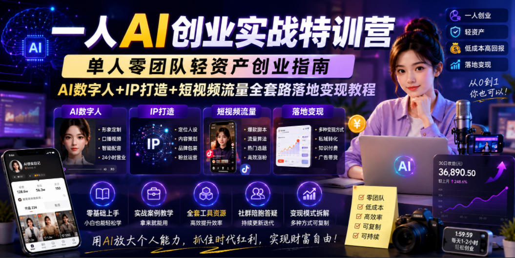 一人AI创业实战特训营，单人零团队轻资产创业指南，AI数字人+IP打造+短视频流量全套路落地变现教程-朽念云创