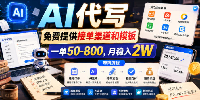 AI代写，免费提供接单渠道和模板，一单50-800，月稳入2W【揭秘】-朽念云创