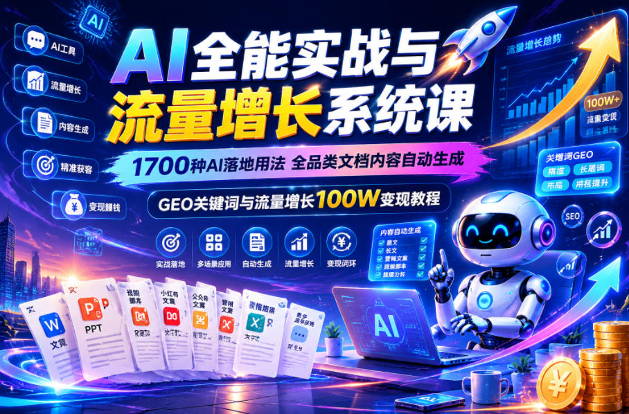 AI全能实战与流量增长系统课，1700种AI落地用法，全品类文档内容自动生成，GEO关键词与流量增长100W变现教程-朽念云创